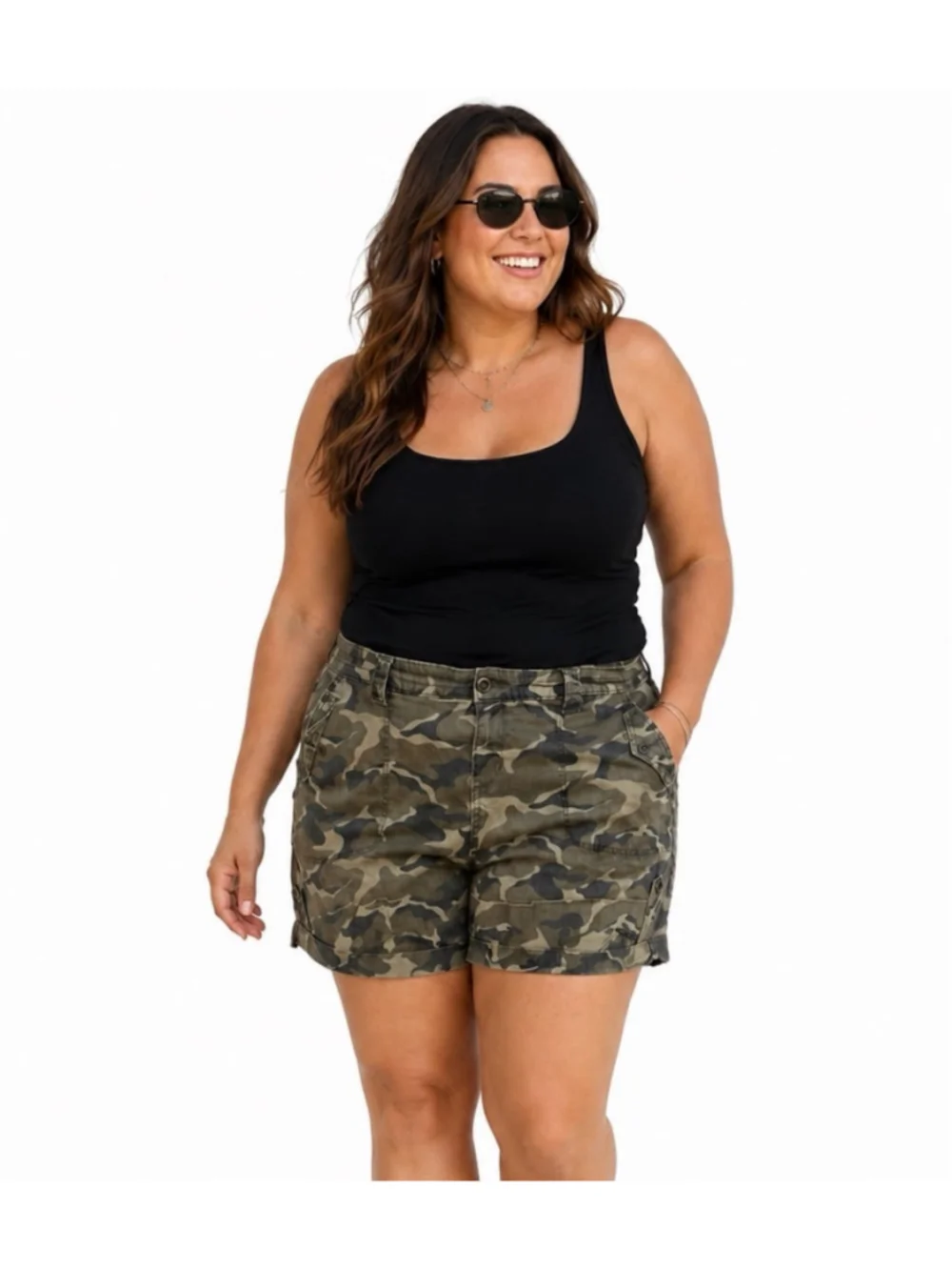 Torrid Womens Plus Green Black Camo Denim Stretch Cuffed Shorts